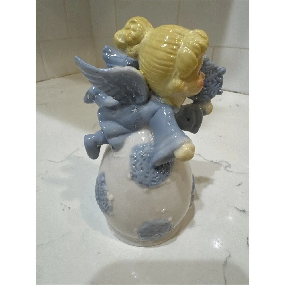 Ceramic Angel Bell with Blue Dress And Snowflakes Vtg Angels 5.25”
